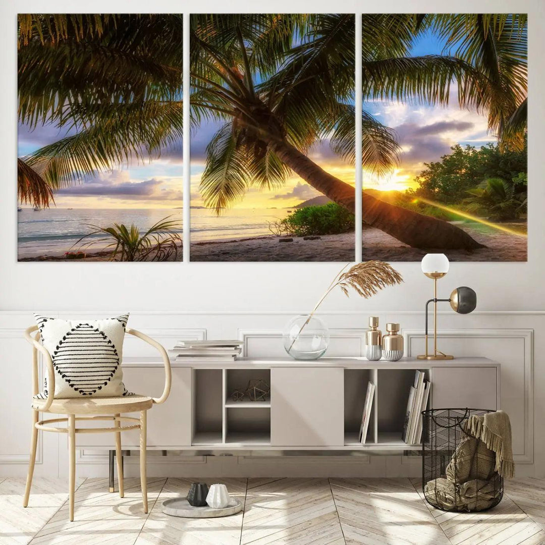 Coastal Sunset Palm Tree Giclee Canvas Print – Tropical Beach Panorama Wall Art for Relaxed Island Vibes, Large Nature-Inspired Decor