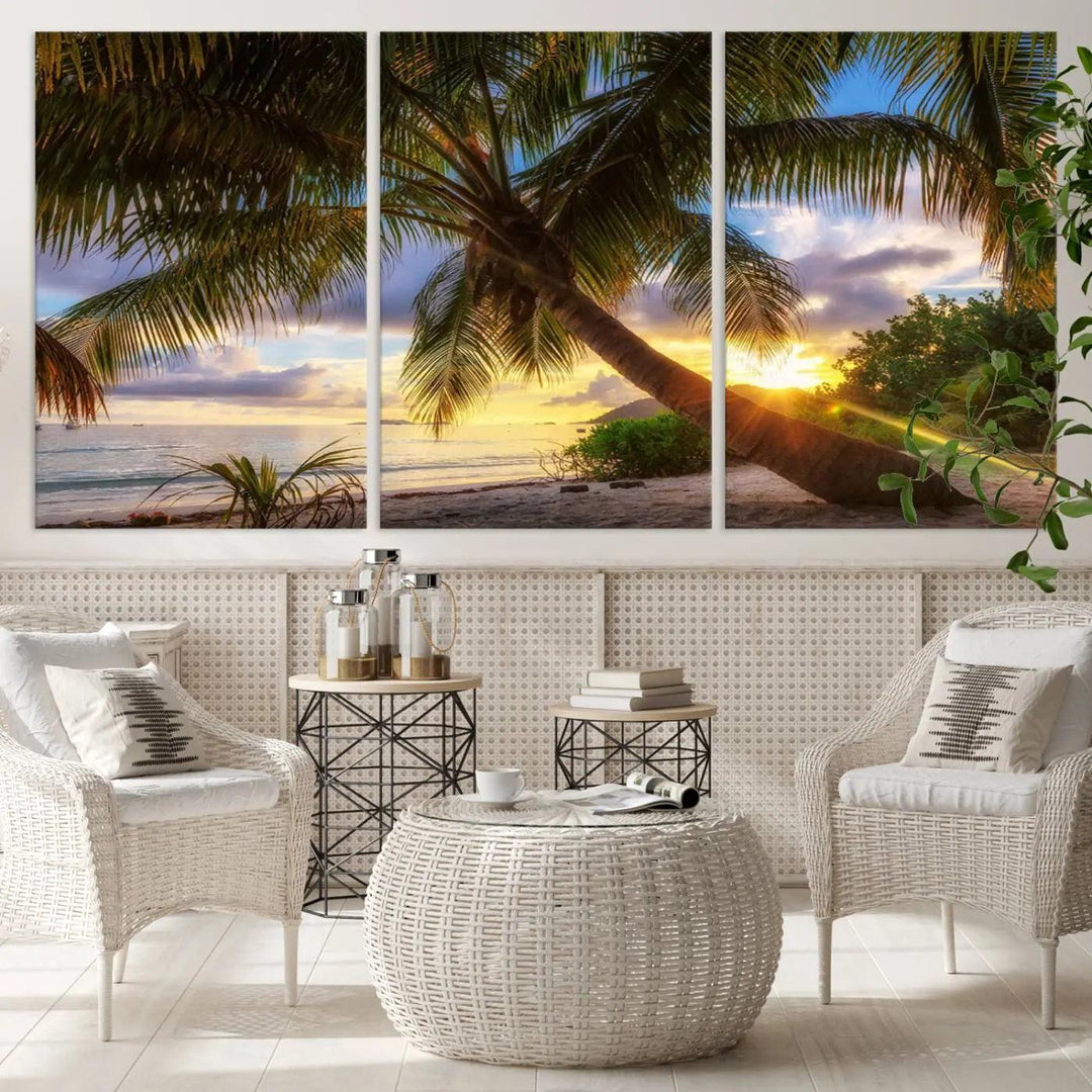 Coastal Sunset Palm Tree Giclee Canvas Print – Tropical Beach Panorama Wall Art for Relaxed Island Vibes, Large Nature-Inspired Decor