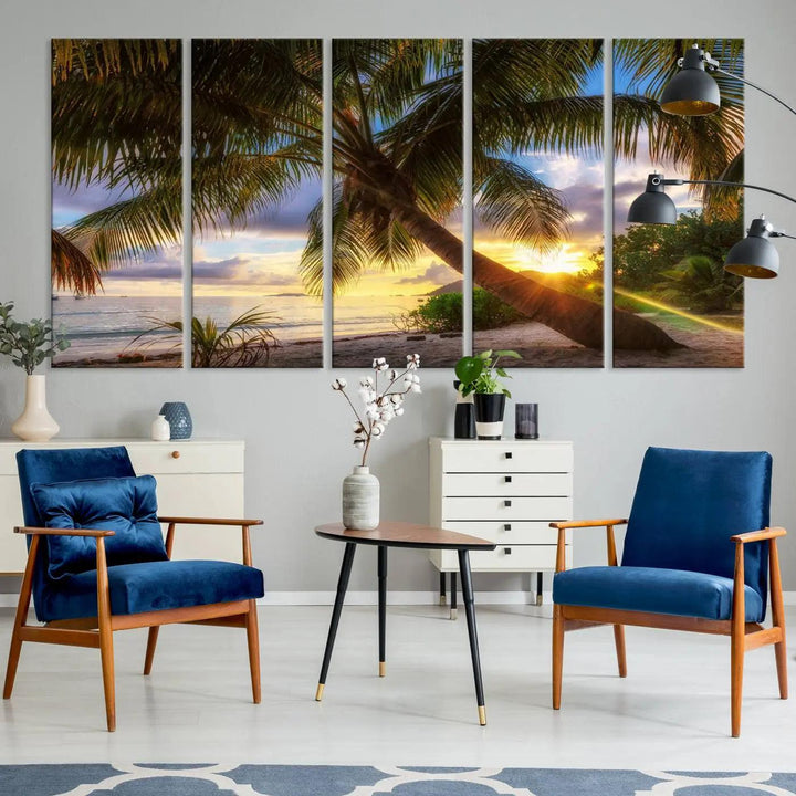 Coastal Sunset Palm Tree Giclee Canvas Print – Tropical Beach Panorama Wall Art for Relaxed Island Vibes, Large Nature-Inspired Decor