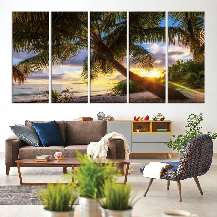 Coastal Sunset Palm Tree Giclee Canvas Print – Tropical Beach Panorama Wall Art for Relaxed Island Vibes, Large Nature-Inspired Decor