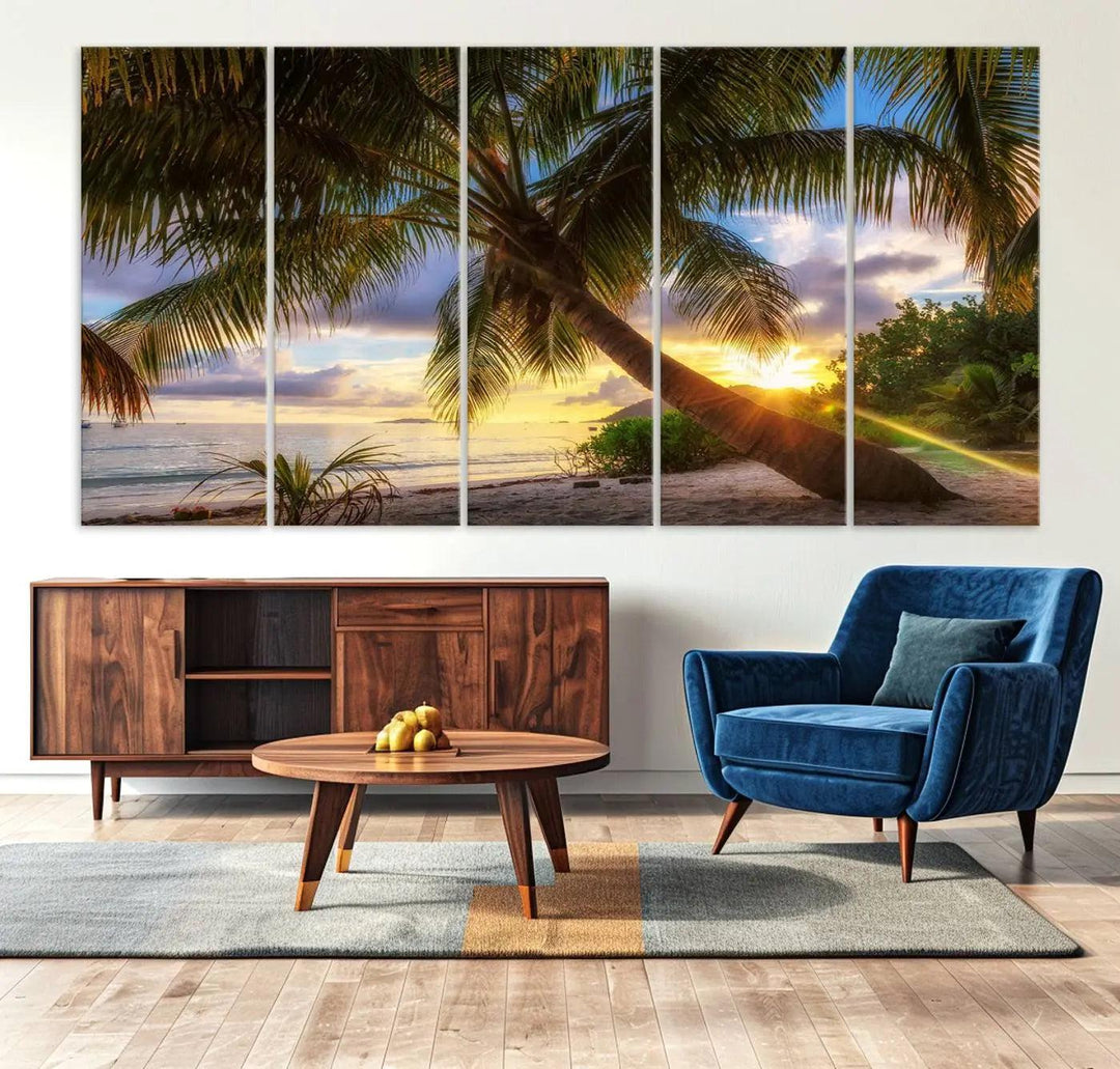 Coastal Sunset Palm Tree Giclee Canvas Print – Tropical Beach Panorama Wall Art for Relaxed Island Vibes, Large Nature-Inspired Decor