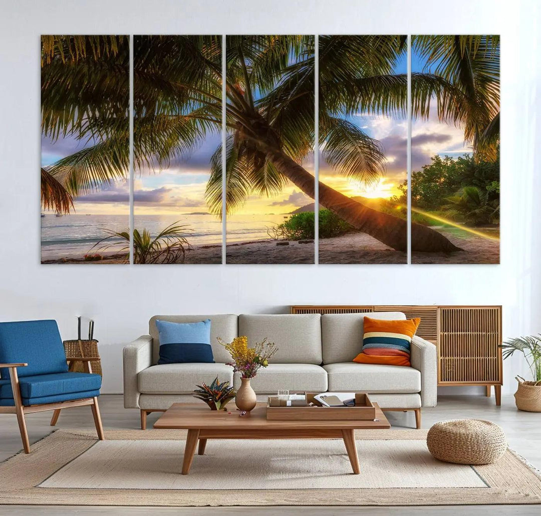 Coastal Sunset Palm Tree Giclee Canvas Print – Tropical Beach Panorama Wall Art for Relaxed Island Vibes, Large Nature-Inspired Decor