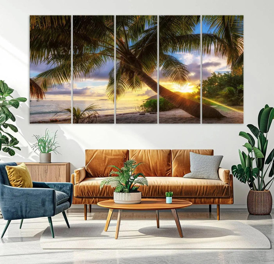 Coastal Sunset Palm Tree Giclee Canvas Print – Tropical Beach Panorama Wall Art for Relaxed Island Vibes, Large Nature-Inspired Decor