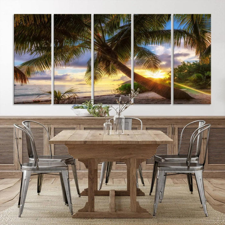 The Coastal Sunset Palm Tree Giclee Canvas Print showcases a tranquil tropical beach scene with a leaning palm tree at sunset. It perfectly captures the charm of coastal decor and relaxed island vibes.