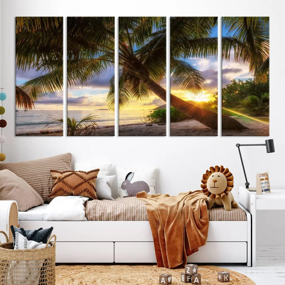 The Coastal Sunset Palm Tree Giclee Canvas Print showcases a tranquil tropical beach scene with a leaning palm tree at sunset. It perfectly captures the charm of coastal decor and relaxed island vibes.