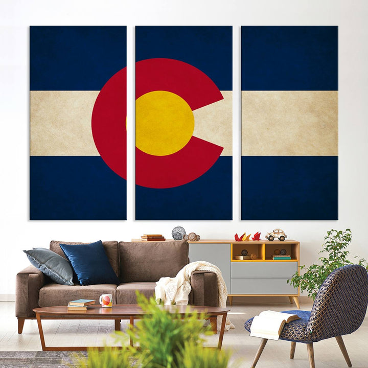 Living room featuring a Colorado State Flag Wall Art Canvas Print on museum-quality canvas.