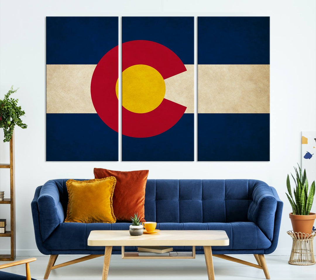 Living room featuring a Colorado State Flag Wall Art Canvas Print on museum-quality canvas.