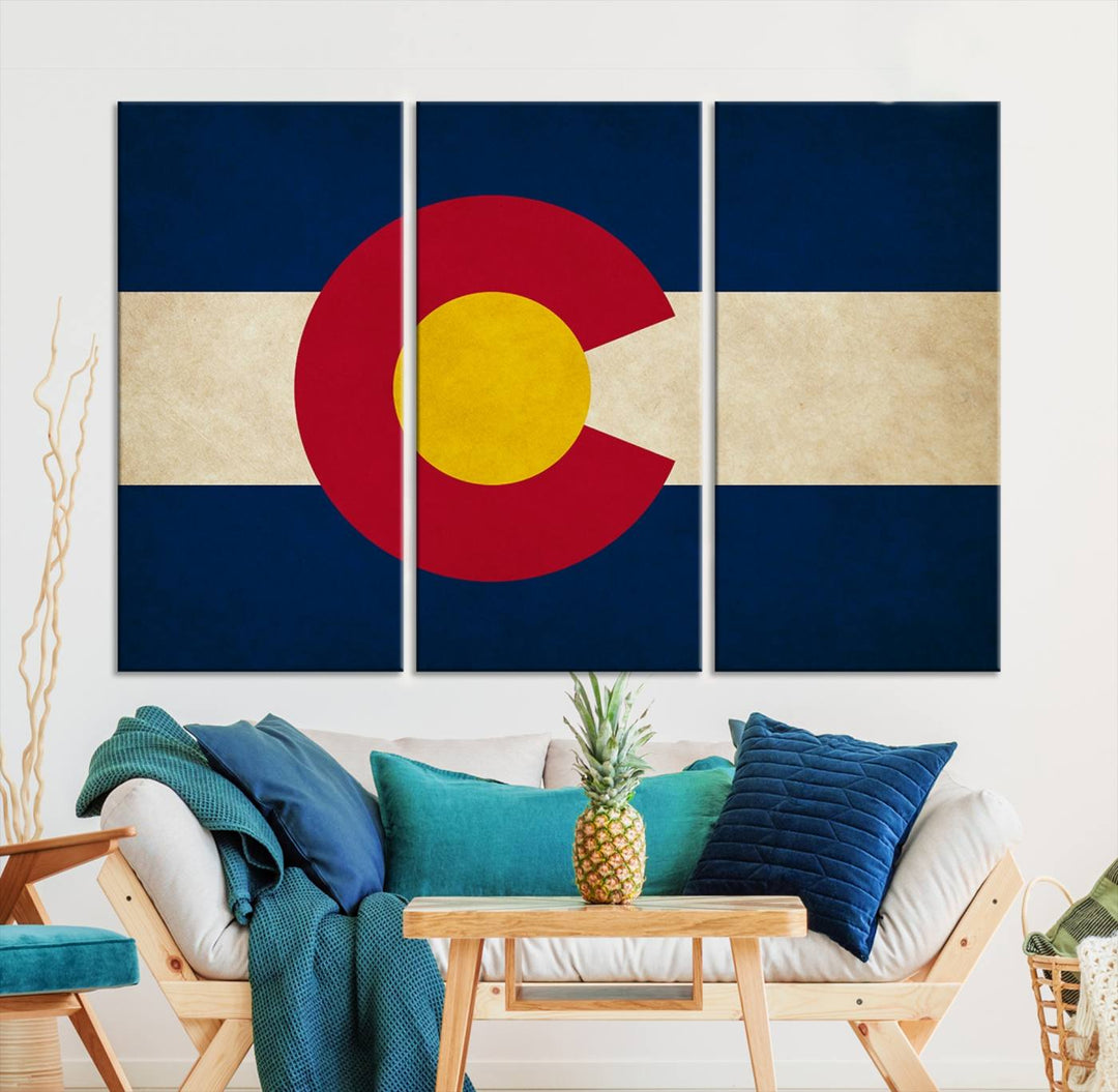 Living room featuring a Colorado State Flag Wall Art Canvas Print on museum-quality canvas.