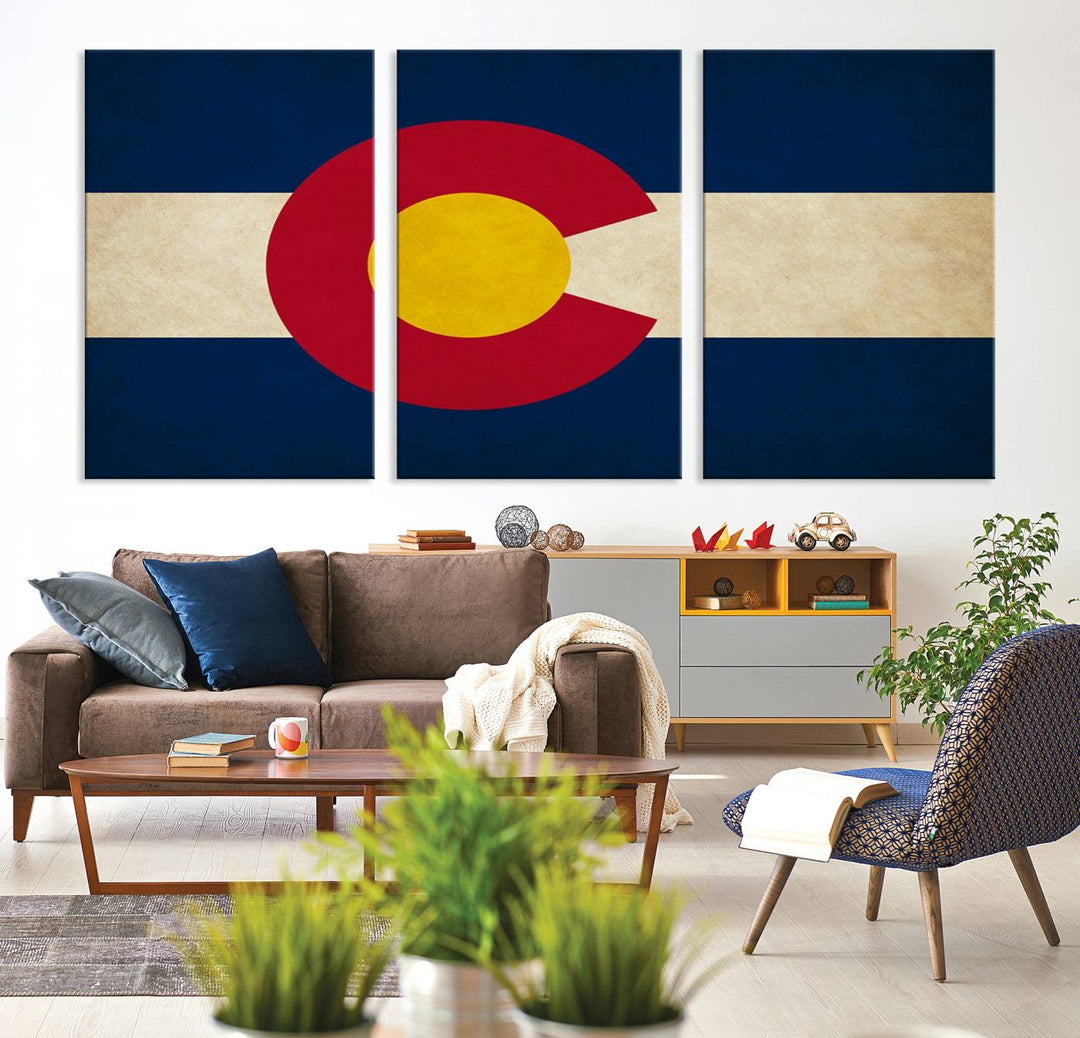 Living room featuring a Colorado State Flag Wall Art Canvas Print on museum-quality canvas.