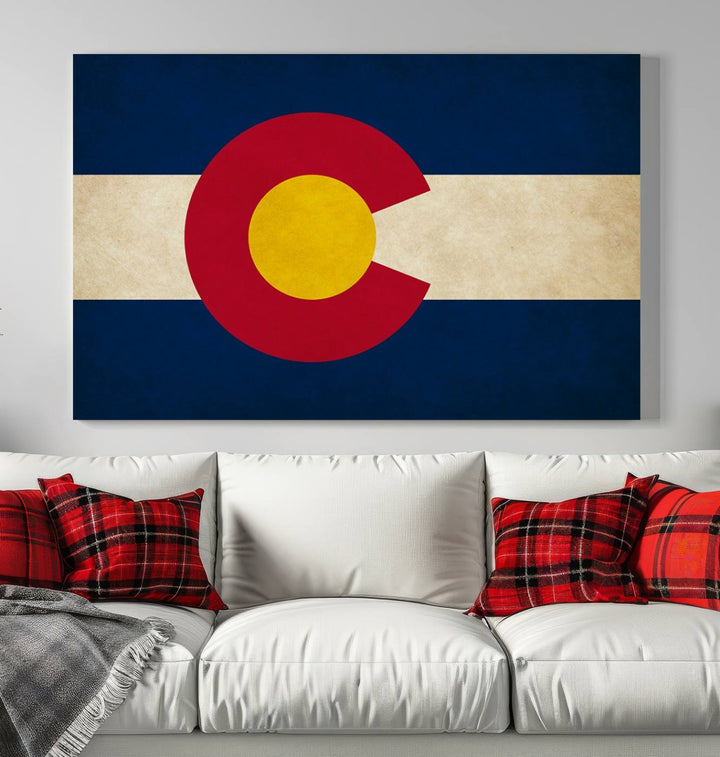 Living room featuring a Colorado State Flag Wall Art Canvas Print on museum-quality canvas.