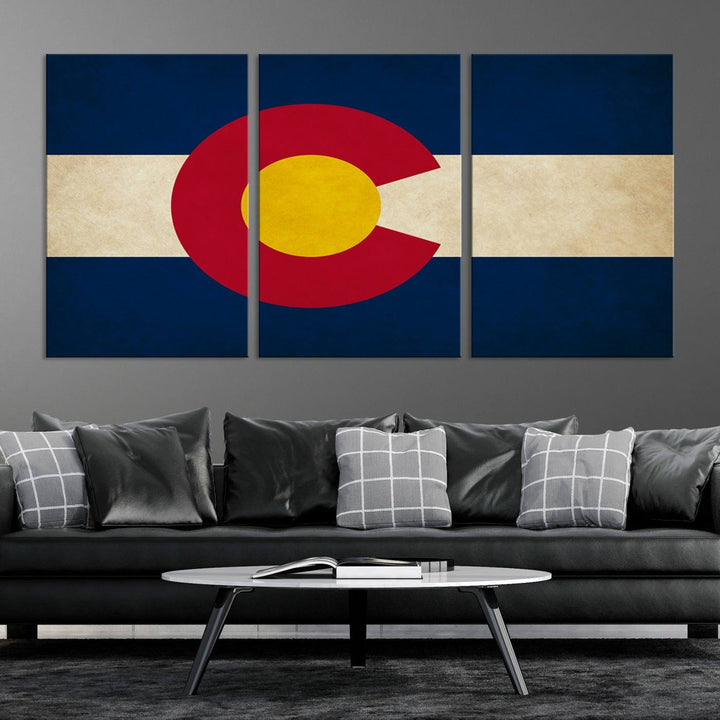 Living room featuring a Colorado State Flag Wall Art Canvas Print on museum-quality canvas.