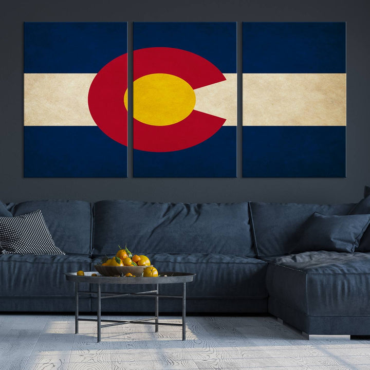 Living room featuring a Colorado State Flag Wall Art Canvas Print on museum-quality canvas.