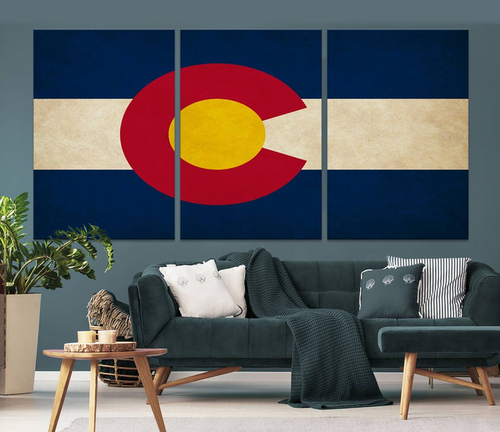 Living room featuring a Colorado State Flag Wall Art Canvas Print on museum-quality canvas.