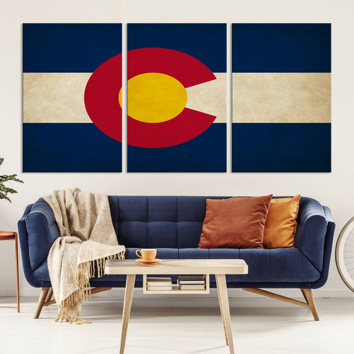 Living room featuring a Colorado State Flag Wall Art Canvas Print on museum-quality canvas.