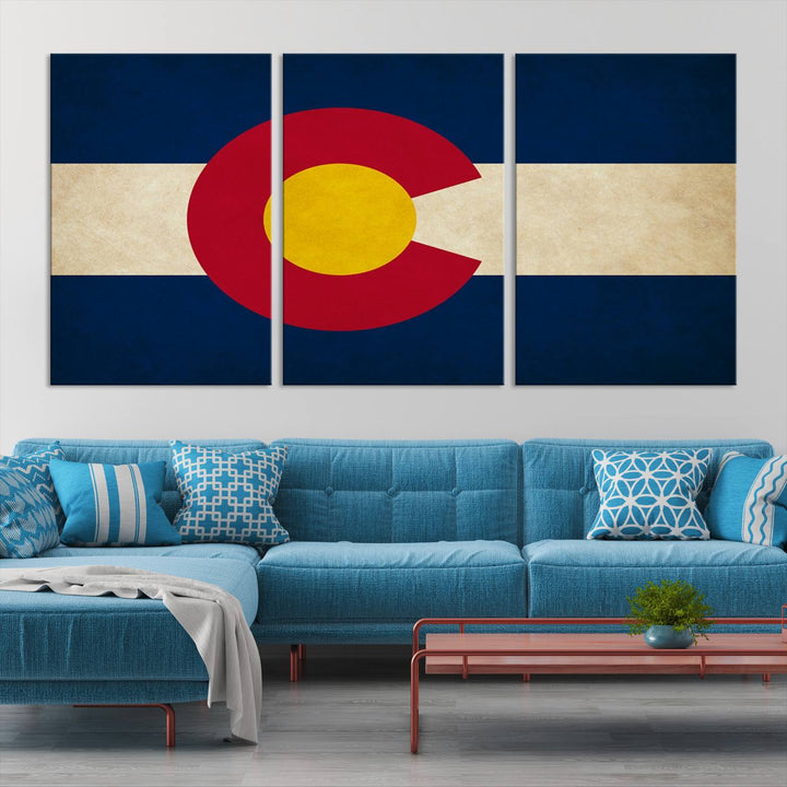 Living room featuring a Colorado State Flag Wall Art Canvas Print on museum-quality canvas.