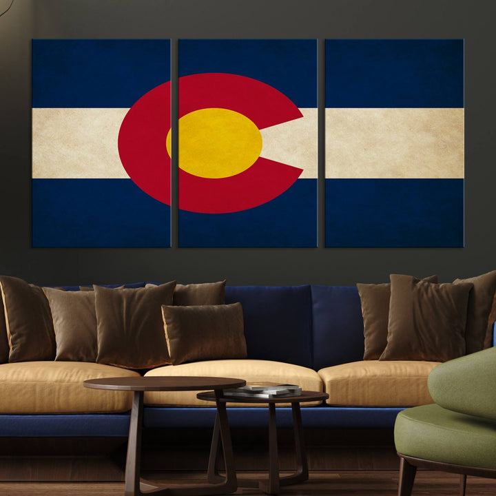 Living room featuring a Colorado State Flag Wall Art Canvas Print on museum-quality canvas.