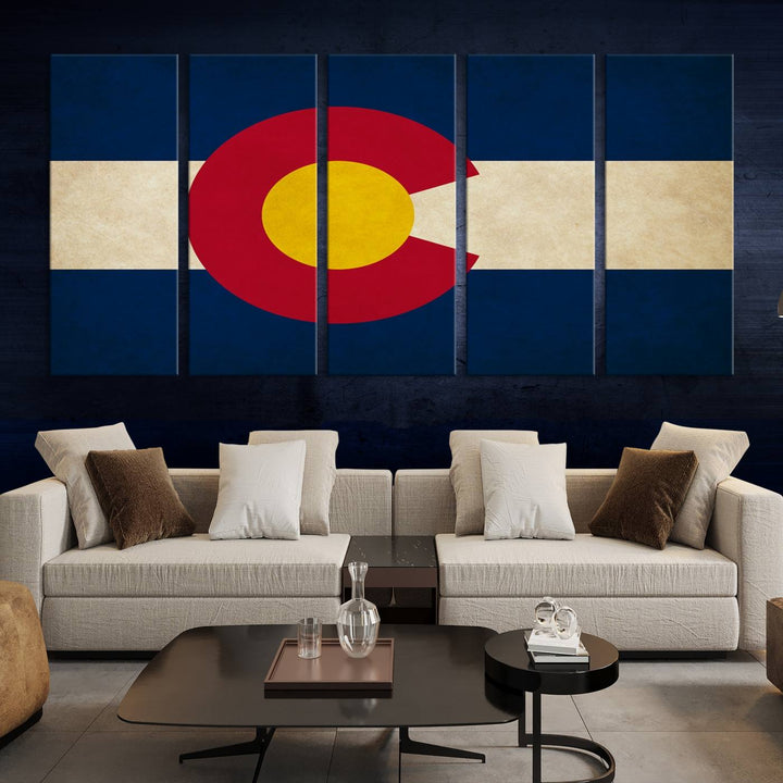 Living room featuring a Colorado State Flag Wall Art Canvas Print on museum-quality canvas.