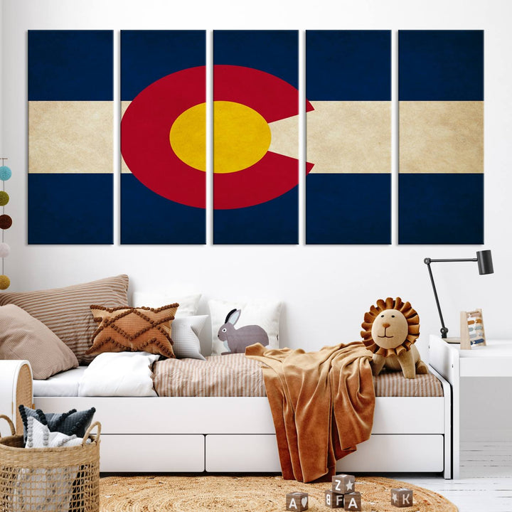 Living room featuring a Colorado State Flag Wall Art Canvas Print on museum-quality canvas.