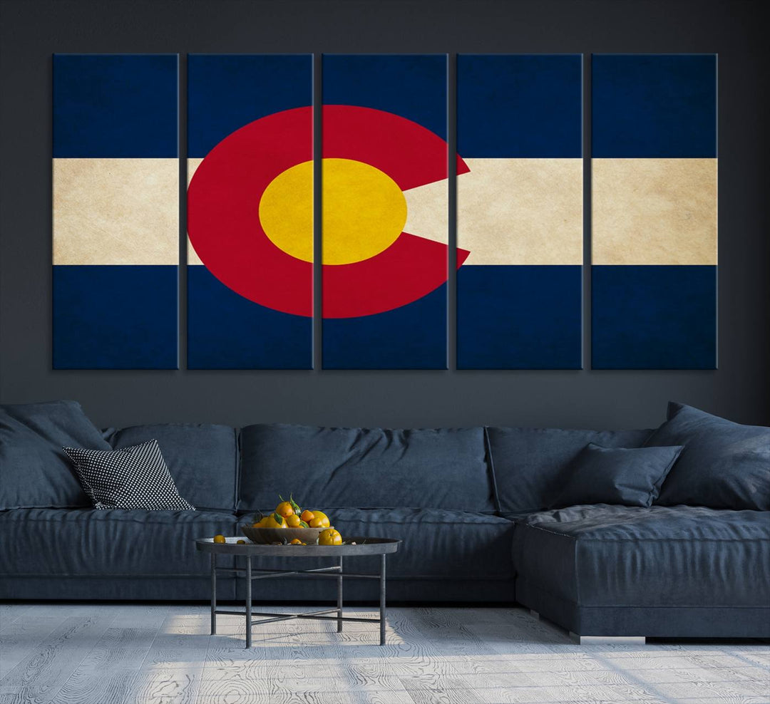 Living room featuring a Colorado State Flag Wall Art Canvas Print on museum-quality canvas.