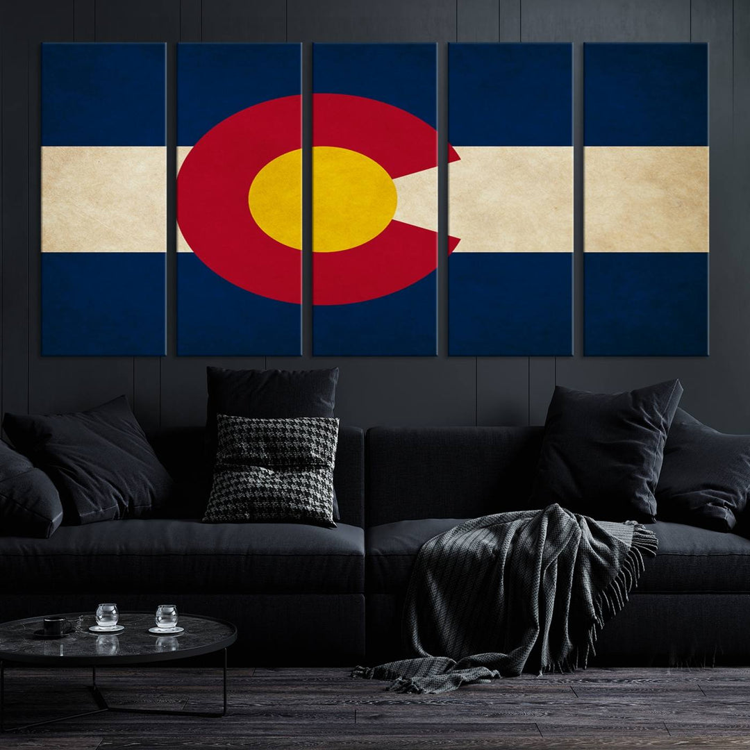 Living room featuring a Colorado State Flag Wall Art Canvas Print on museum-quality canvas.