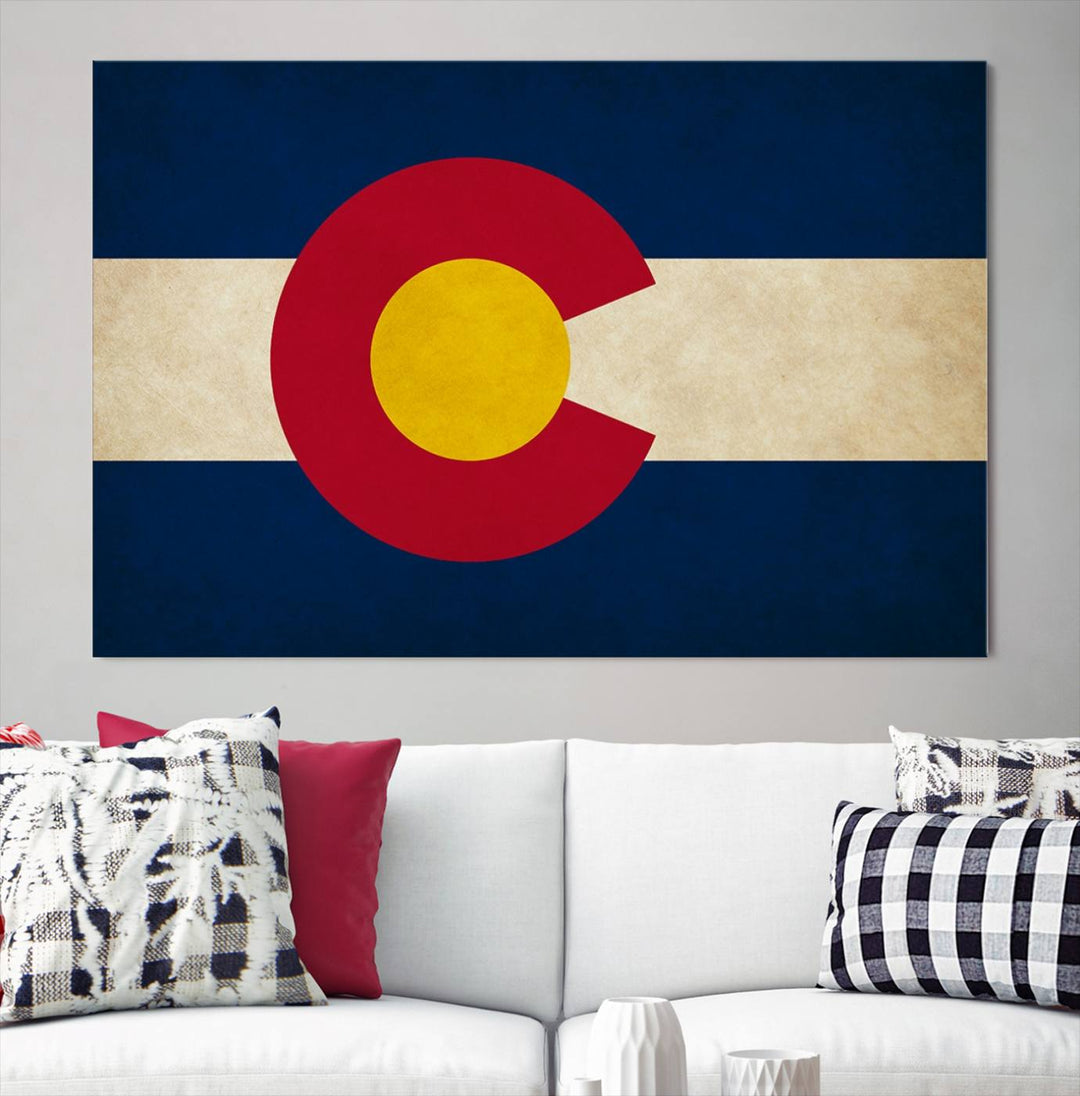 Living room featuring a Colorado State Flag Wall Art Canvas Print on museum-quality canvas.