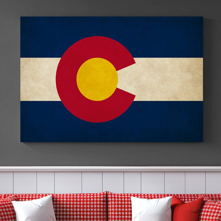 Living room featuring a Colorado State Flag Wall Art Canvas Print on museum-quality canvas.