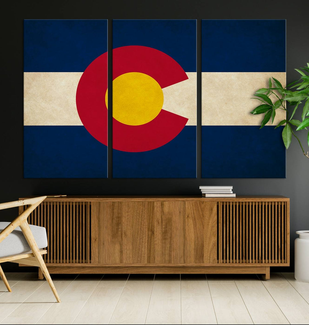 Living room featuring a Colorado State Flag Wall Art Canvas Print on museum-quality canvas.