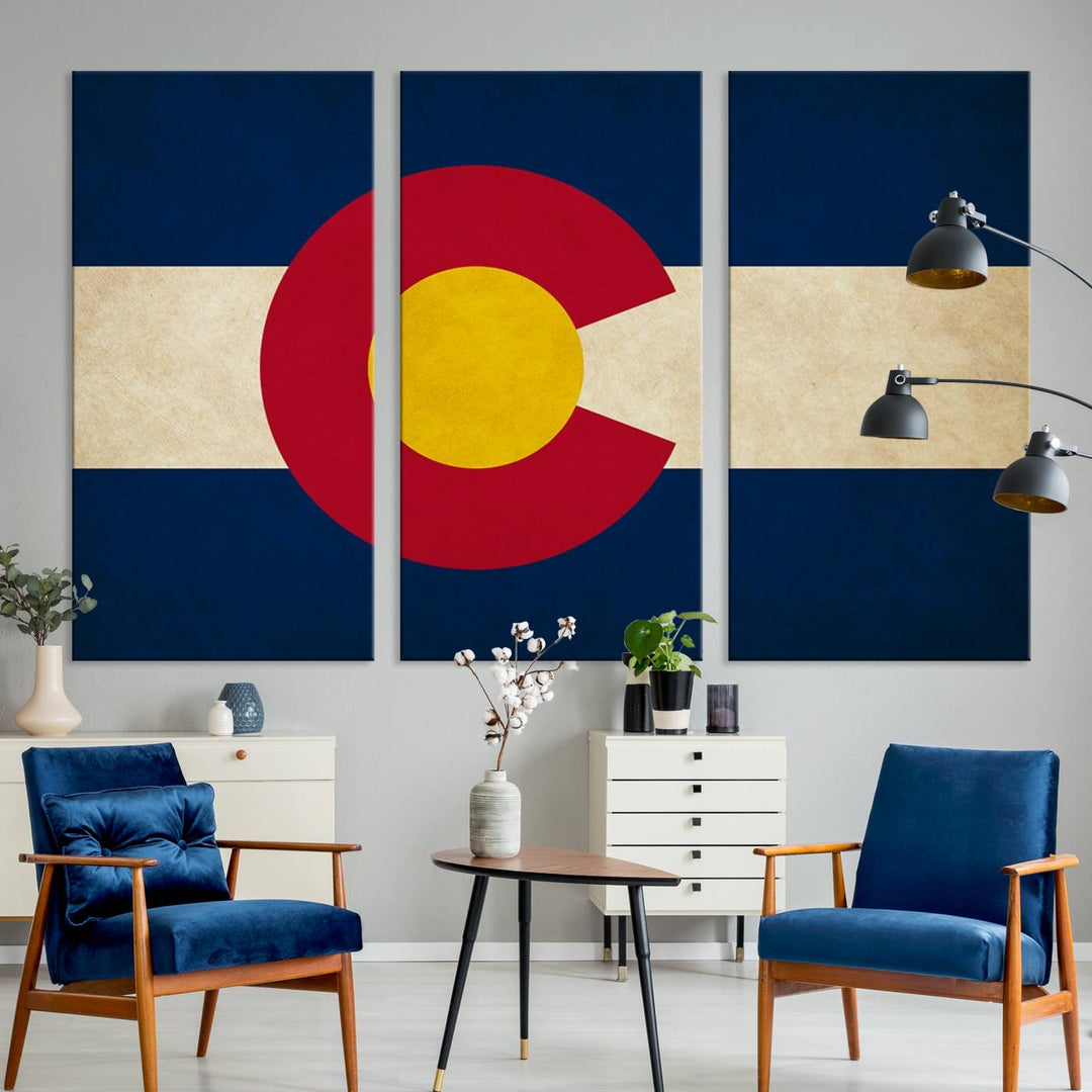 Living room featuring a Colorado State Flag Wall Art Canvas Print on museum-quality canvas.