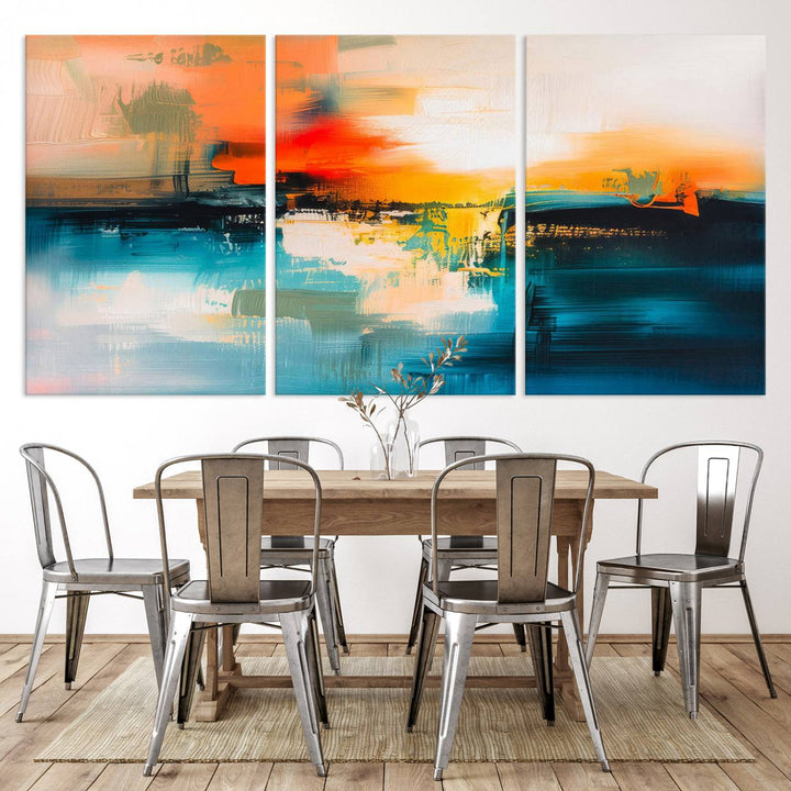 The wall features the "Colorful Abstract Wall Art," an eye-catching canvas print that adds a bold and modern touch as an abstract triptych.