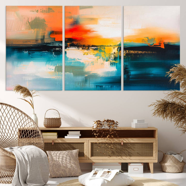 The wall features the "Colorful Abstract Wall Art," an eye-catching canvas print that adds a bold and modern touch as an abstract triptych.