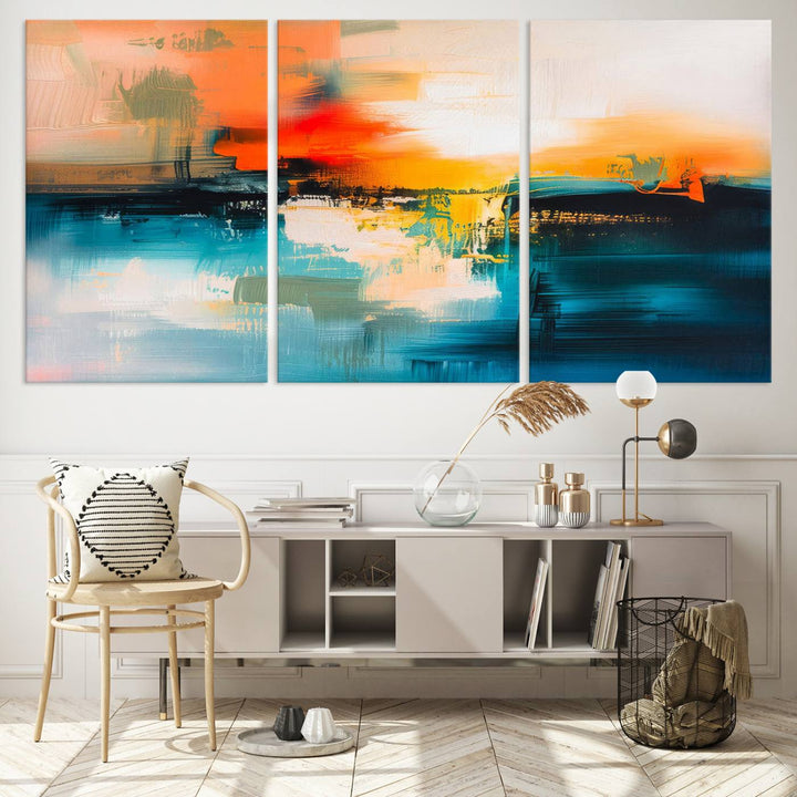 The wall features the "Colorful Abstract Wall Art," an eye-catching canvas print that adds a bold and modern touch as an abstract triptych.