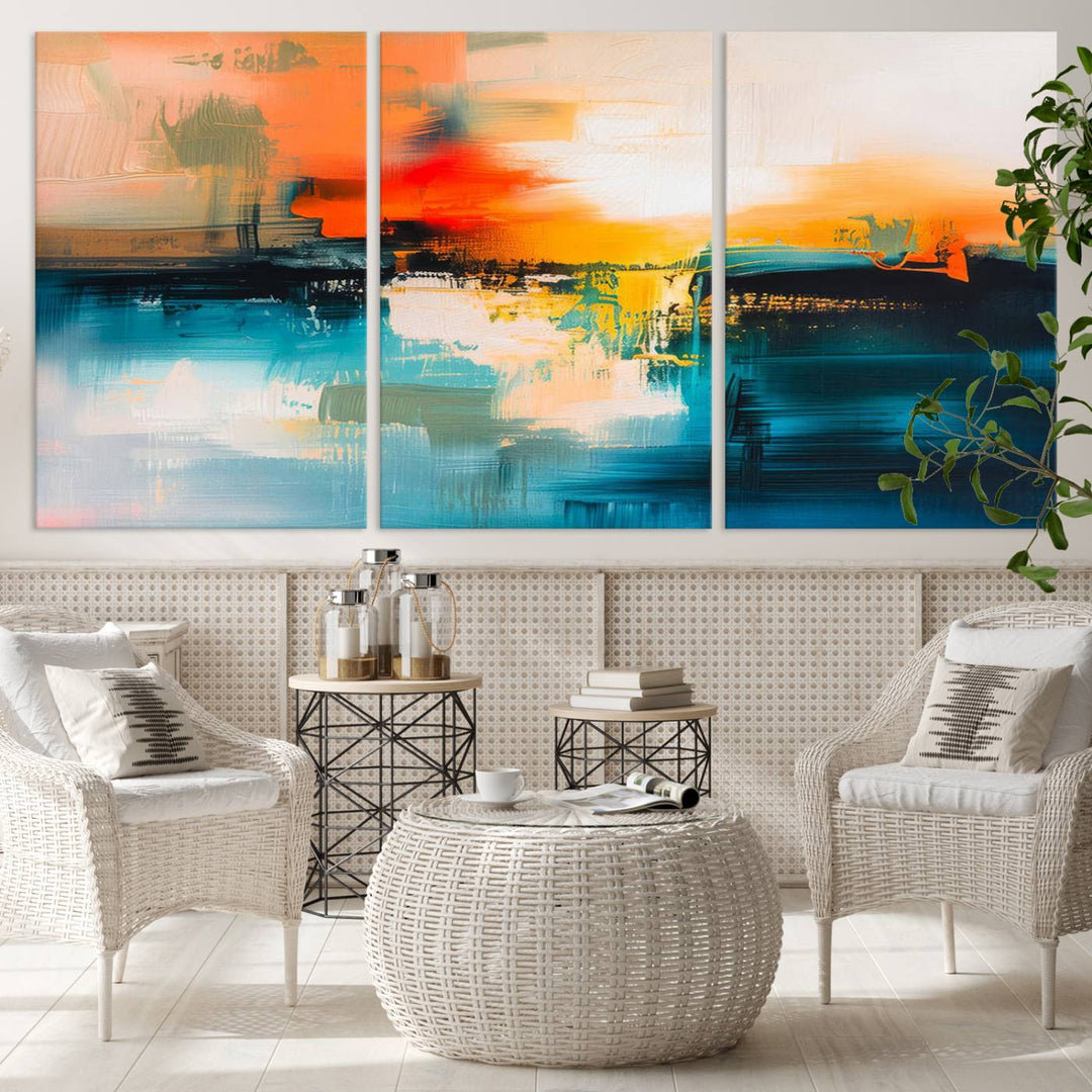 The wall features the "Colorful Abstract Wall Art," an eye-catching canvas print that adds a bold and modern touch as an abstract triptych.