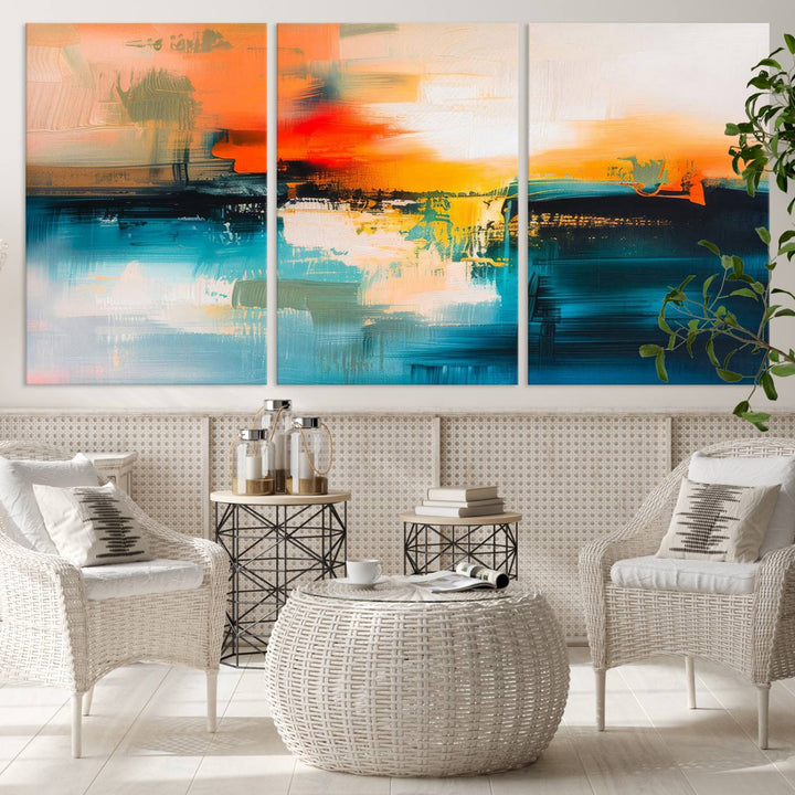 The wall features the "Colorful Abstract Wall Art," an eye-catching canvas print that adds a bold and modern touch as an abstract triptych.