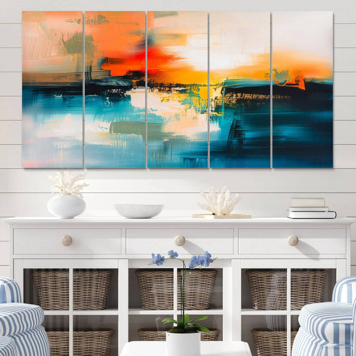 The wall features the "Colorful Abstract Wall Art," an eye-catching canvas print that adds a bold and modern touch as an abstract triptych.