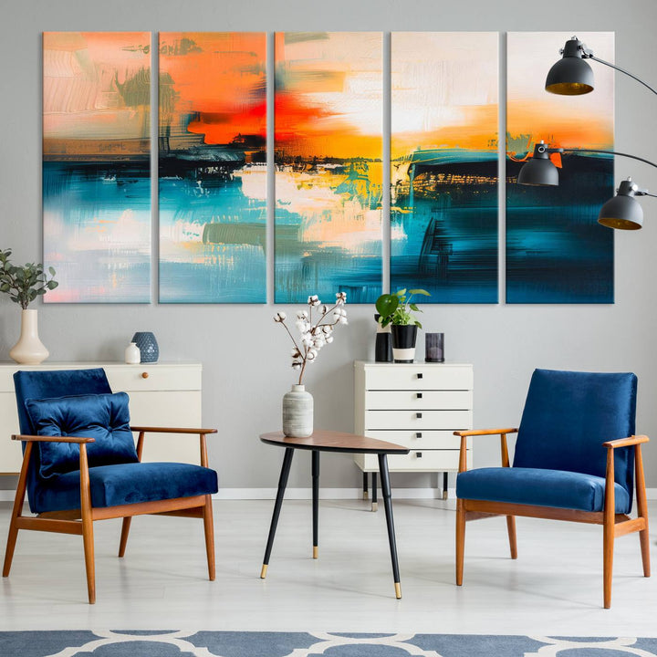 The wall features the "Colorful Abstract Wall Art," an eye-catching canvas print that adds a bold and modern touch as an abstract triptych.
