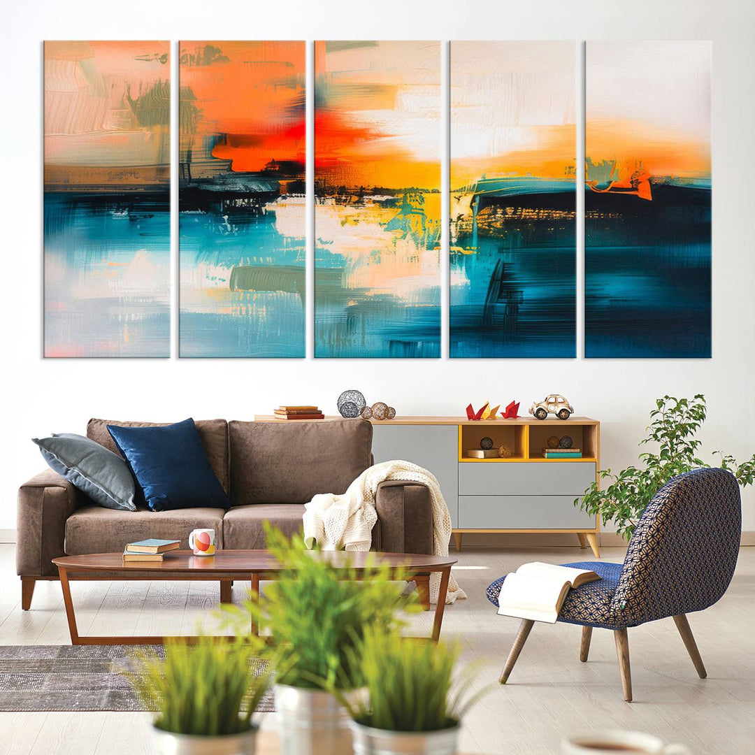 The wall features the "Colorful Abstract Wall Art," an eye-catching canvas print that adds a bold and modern touch as an abstract triptych.
