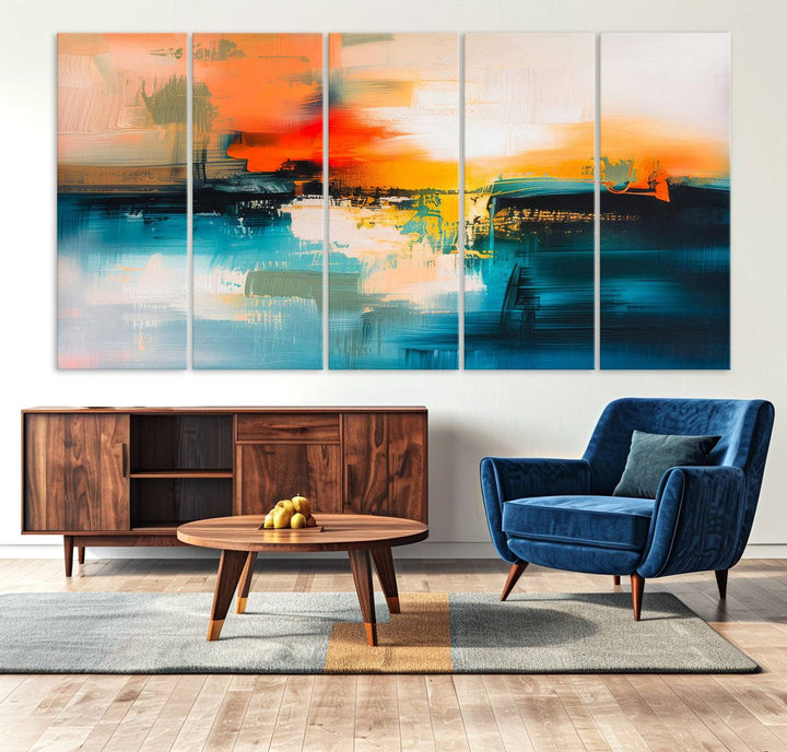 The wall features the "Colorful Abstract Wall Art," an eye-catching canvas print that adds a bold and modern touch as an abstract triptych.