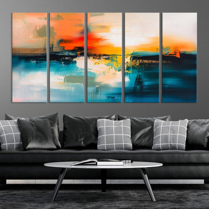 The wall features the "Colorful Abstract Wall Art," an eye-catching canvas print that adds a bold and modern touch as an abstract triptych.