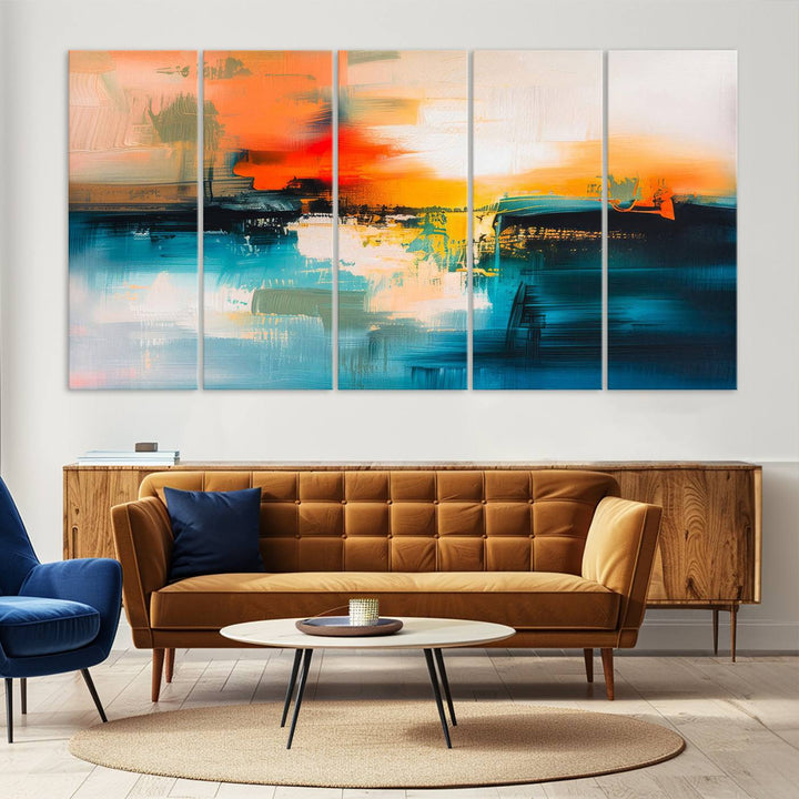 The wall features the "Colorful Abstract Wall Art," an eye-catching canvas print that adds a bold and modern touch as an abstract triptych.