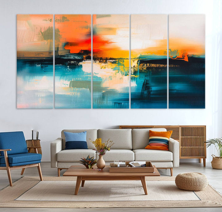 The wall features the "Colorful Abstract Wall Art," an eye-catching canvas print that adds a bold and modern touch as an abstract triptych.