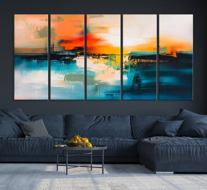 The wall features the "Colorful Abstract Wall Art," an eye-catching canvas print that adds a bold and modern touch as an abstract triptych.