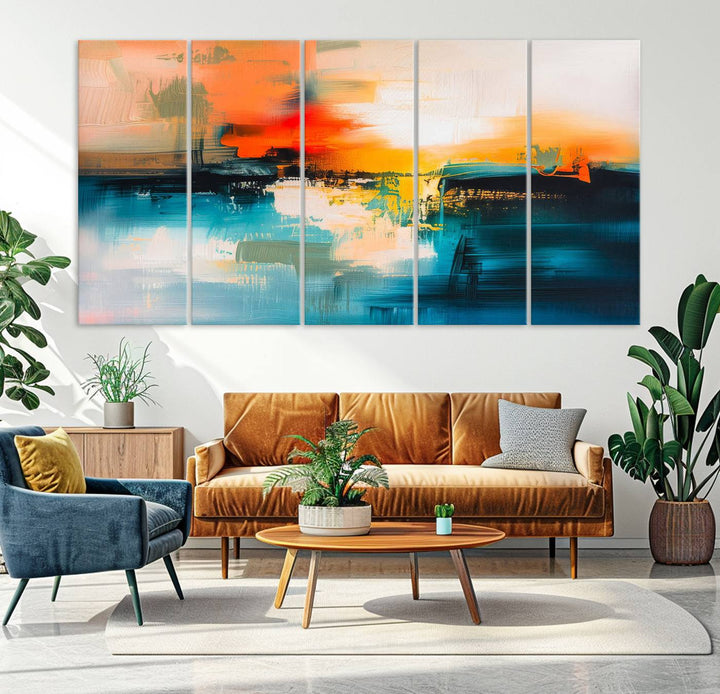 The wall features the "Colorful Abstract Wall Art," an eye-catching canvas print that adds a bold and modern touch as an abstract triptych.
