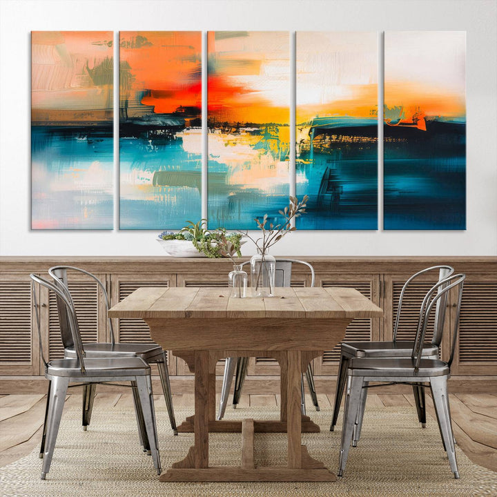 The wall features the "Colorful Abstract Wall Art," an eye-catching canvas print that adds a bold and modern touch as an abstract triptych.