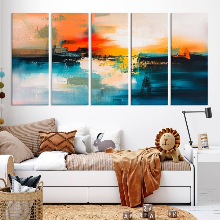 The wall features the "Colorful Abstract Wall Art," an eye-catching canvas print that adds a bold and modern touch as an abstract triptych.