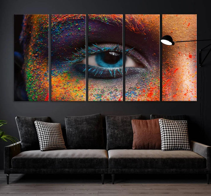 The contemporary living room is enhanced by a multi-panel canvas wall art piece titled "Colorful Eye Close Up Canvas Wall Art Print," which adds a vibrant touch to the gallery-wrapped design on the wall.