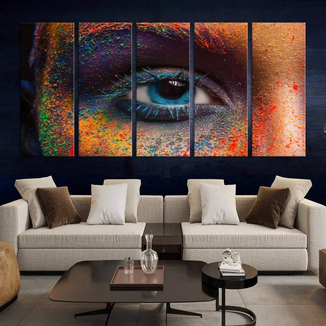 The contemporary living room is enhanced by a multi-panel canvas wall art piece titled "Colorful Eye Close Up Canvas Wall Art Print," which adds a vibrant touch to the gallery-wrapped design on the wall.