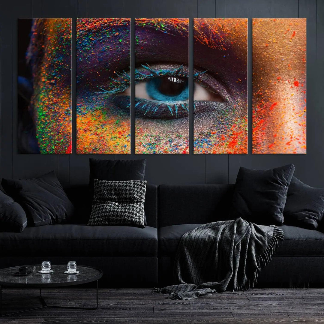 The contemporary living room is enhanced by a multi-panel canvas wall art piece titled "Colorful Eye Close Up Canvas Wall Art Print," which adds a vibrant touch to the gallery-wrapped design on the wall.