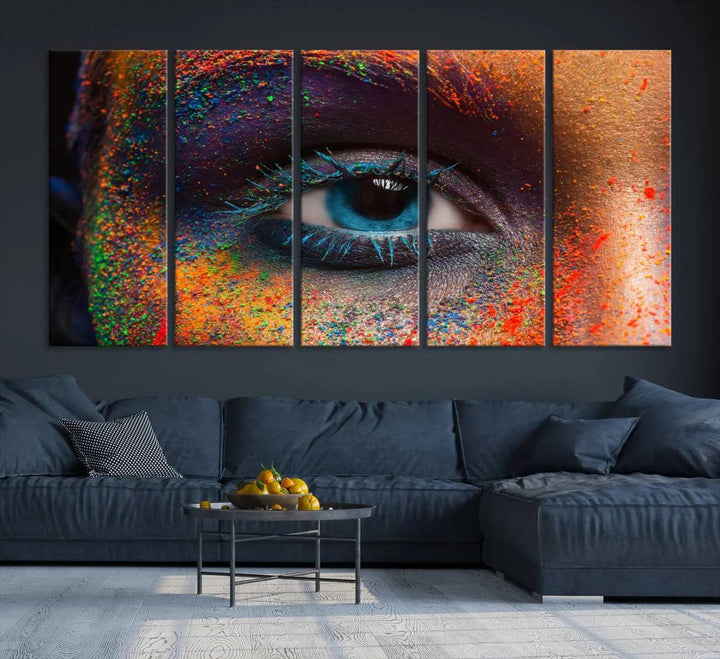 The contemporary living room is enhanced by a multi-panel canvas wall art piece titled "Colorful Eye Close Up Canvas Wall Art Print," which adds a vibrant touch to the gallery-wrapped design on the wall.