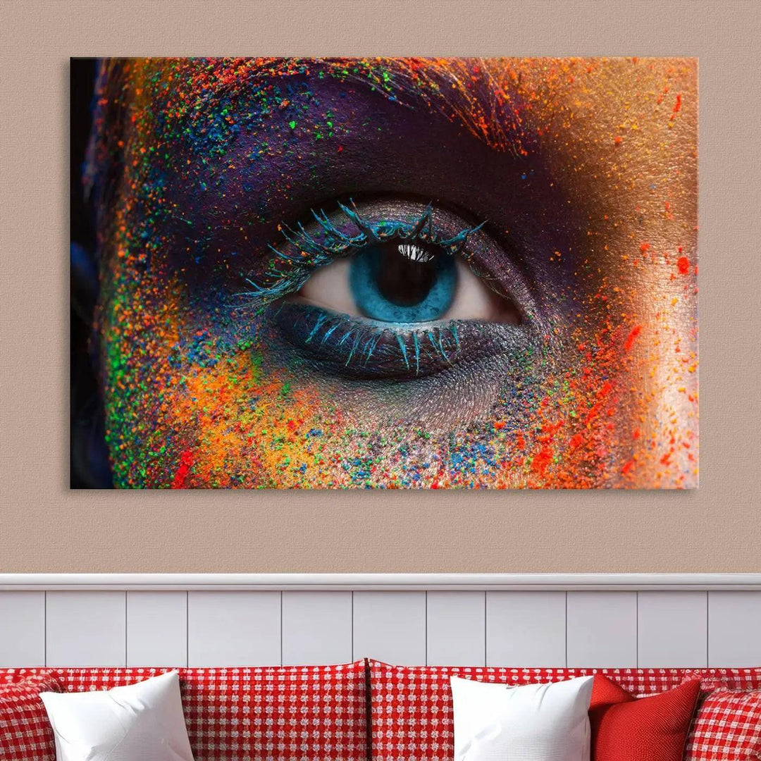 The contemporary living room is enhanced by a multi-panel canvas wall art piece titled "Colorful Eye Close Up Canvas Wall Art Print," which adds a vibrant touch to the gallery-wrapped design on the wall.