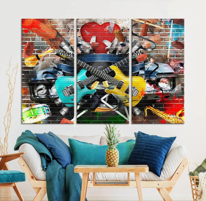 The Colorful Instruments Collage Wall Art Canvas Print showcases vibrant guitars and abstract musical motifs against a brick backdrop. Enjoy the charm of canvas art with museum-quality precision that enhances the artistic appeal of your decor.